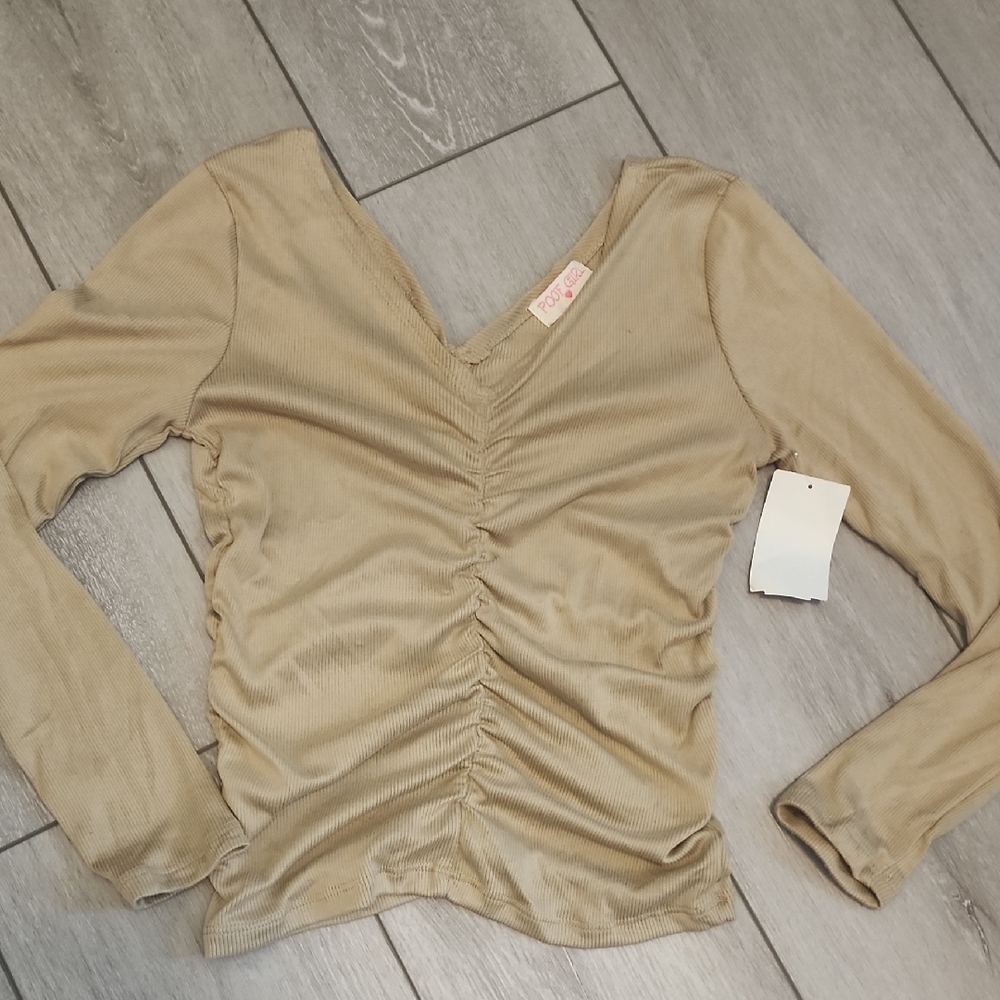 Tan Ruched V-Neck Top